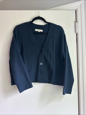 LOFT Dark Navy V-Neck Button Cropped Cardigan
